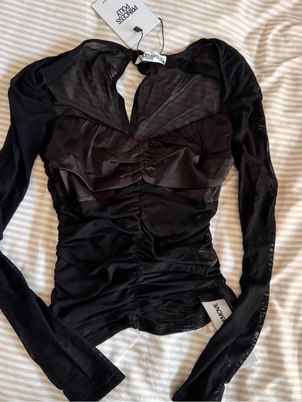 Princess Polly Black Ruched Sheer Long Sleeve Top